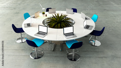 Meeting room with round table or desk and chairs concept 3D rendering