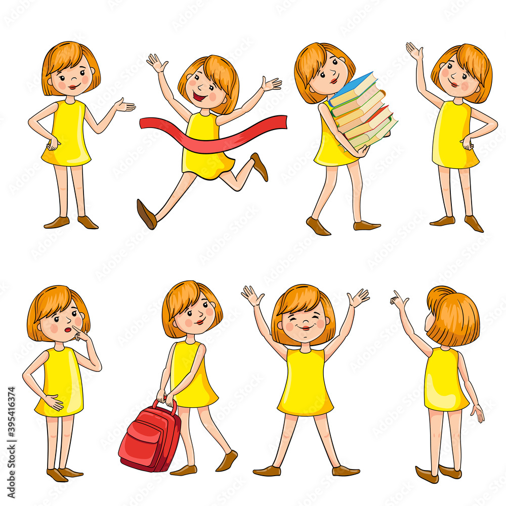 Teen girl character design in cartoon style. Training, victory, fun, reading a book, backpack, character movement Teen girl character design in cartoon style. Training, victory, fun, reading a book, backpack, character movement
