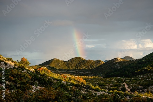 Rainbow landscape. Rainbow in the mountains, Biokovo, Croatia