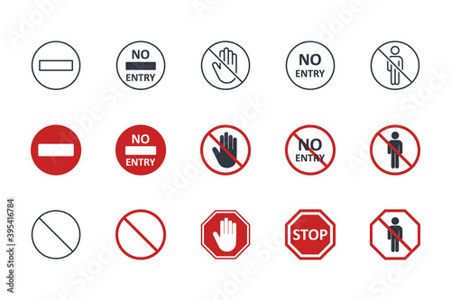 Vector no entry icons. Black red marks editable stroke. Collection of stop signs, forward movement is prohibited for people, vehicles