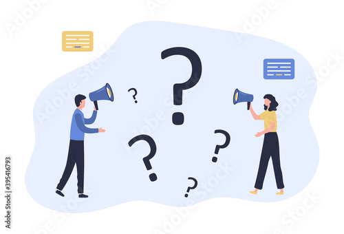 FAQ concept. A man and a woman with megaphones are asking questions, looking for answers, discussing. Flat vector illustration isolated on white background