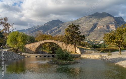 The beautiful arched bridge of Prevelis crossing the Megas River which empties at the famous beach of Preveli. Built in the 18th century by monks of the Prelevi, Southern Crete, Greece