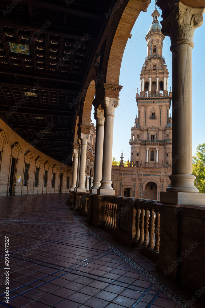 South Tower of the Plaza de España in Seville (Andalusia, Spain) seen from inside the main building. Most emblematic place and one of the greatest architectural works of the city.