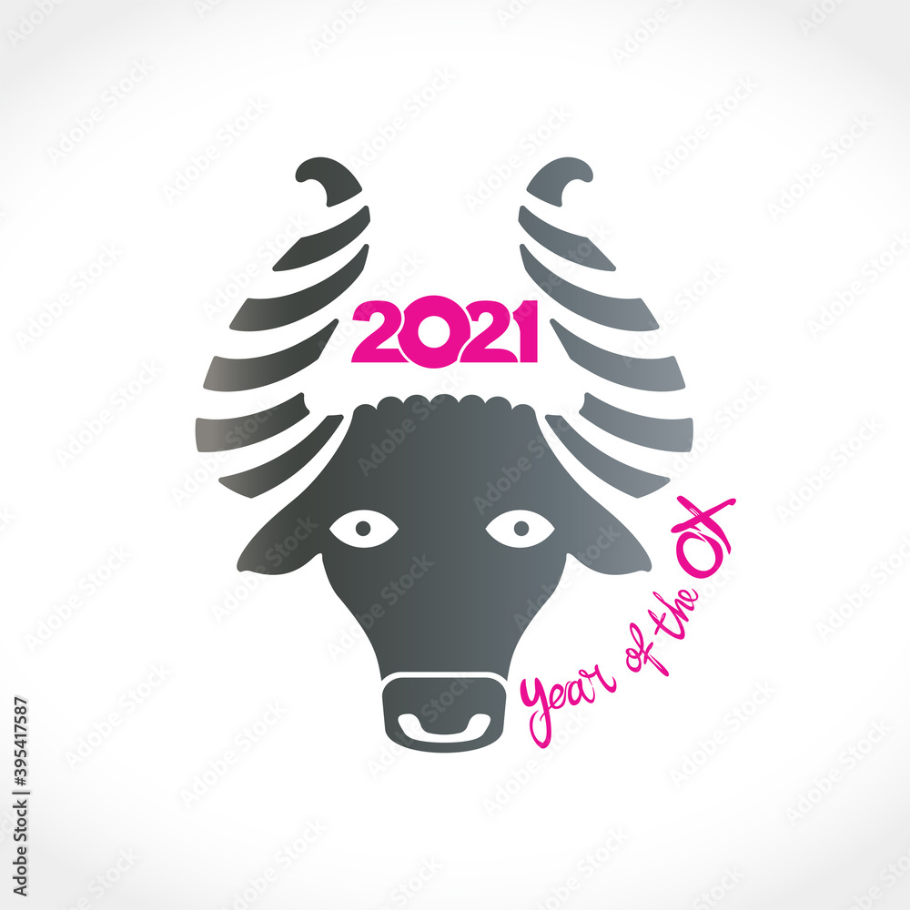 Year of the Ox 2021 in Chinese zodiac. Bull metal head. Vector element for New Year's design in flat style. Illustration of 2021 year of the Ox.