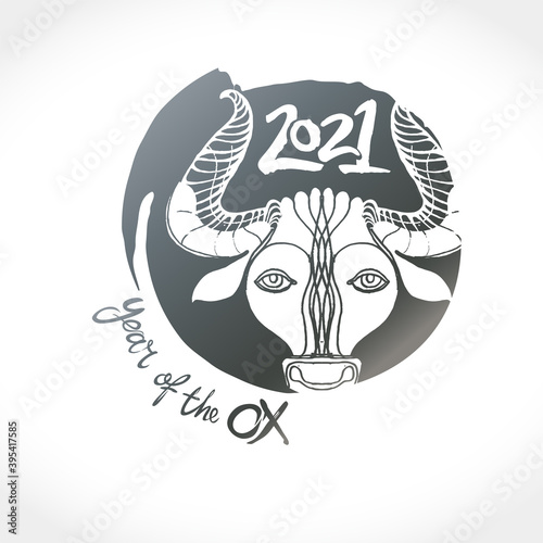 Year of the Ox 2021 in Chinese zodiac. Bull metal head. Vector stamp for New Year's design in flat style. Illustration of 2021 year of the Ox.