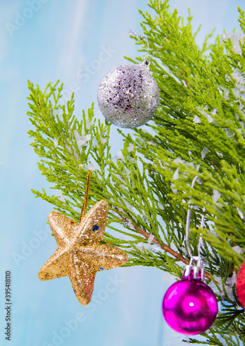 Happy Christmas! Pine tree branch decorated with shiny golden stars, red and pink glitter christmas balls
 (ID: 395418110)