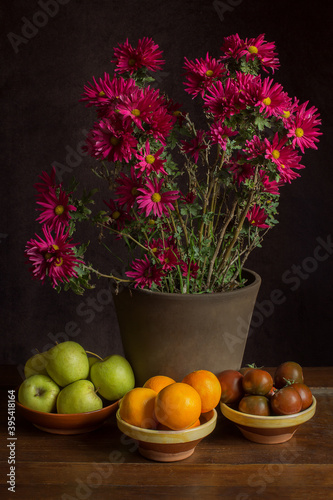 Autumn still life of a group of fruits and vegetables on clay jars with a rustic flowerpot and a chrysanthemum with red blooming flowers on a natural chestnut wood.