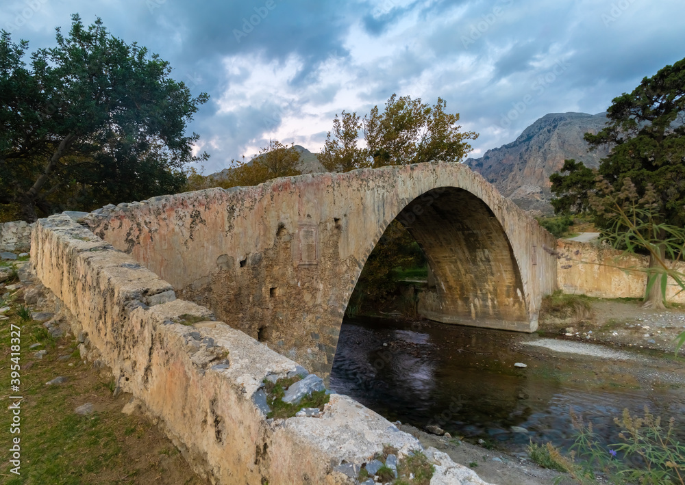 The beautiful arched bridge of Prevelis crossing the Megas River which empties at the famous beach of Preveli. Built in the 18th century by monks of the Prelevi, Southern Crete, Greece