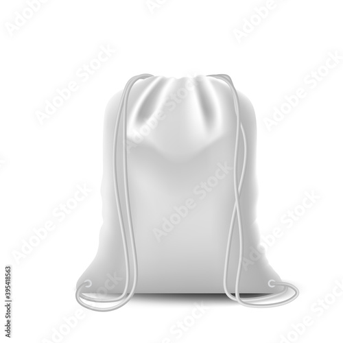 Drawstring bag, sport bags mockup. Set of blank drawstring bags for cloth or shoes. Pouch or textile set of bags vector mockup.