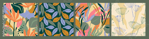 Abstract collection of seamless patterns with leaves and geometric shapes. Modern design .