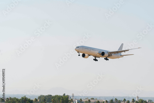Plane landing to Airport with city and sea view. No brand on it.