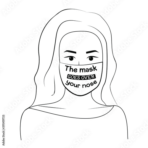 Young beautiful woman wearing cloth mask with text "the mask goes over your nose". Concept of wearing protective mask properly, with nose, mouth and chin covered. Vector illustration isolated outlined