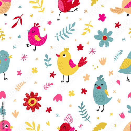 Seamless pattern with cute little birds, flowers and herbs. Nature and spring print. Vector illustration.