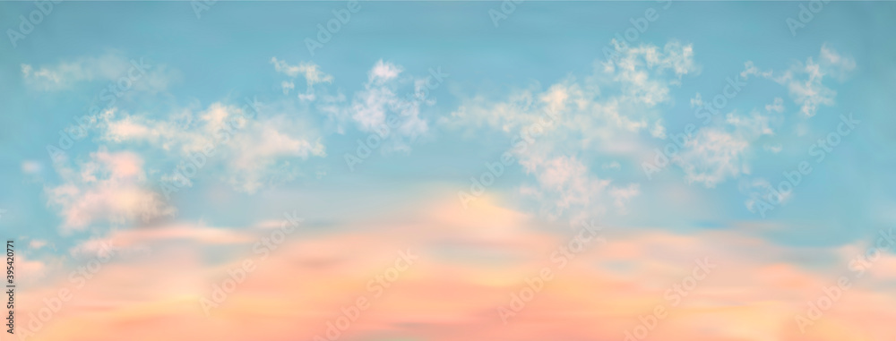 Seamless vector realistic sunset sky. Long length horizontal background with beautiful light clouds on it. 3D rose, blue, orange and red vector skyscape pattern. Backdrop for your work Seamless vector realistic sunset sky. Long length horizontal background with beautiful light clouds on it. 3D rose, blue, orange and red vector skyscape pattern. Backdrop for your work