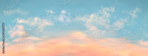 Seamless vector realistic sunset sky. Long length horizontal background with beautiful light clouds on it. 3D rose, blue, orange and red vector skyscape pattern. Backdrop for your work