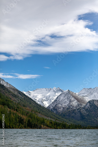 Mountain river water landscape. Wild river in mountains. Mountain wild river water view