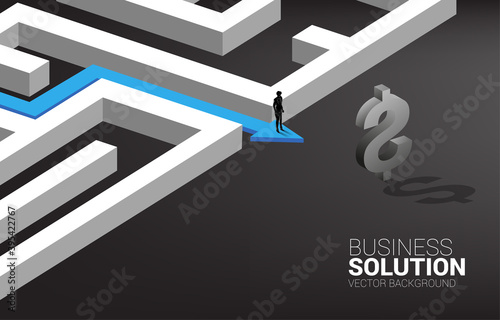 Silhouette of Businessman on route path to exit the maze to dollar icon. Concept for business mission and way to company profit
