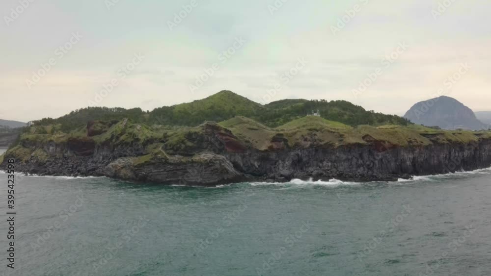 4K Front Aerial View of Songaksan (송악산) Mountain, Jeju Volcanic Island