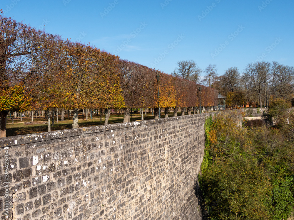 Wall at the edge of the blossac park in the city of Poitiers, France. Orange trees, photographed in the fall. Blue sky. 