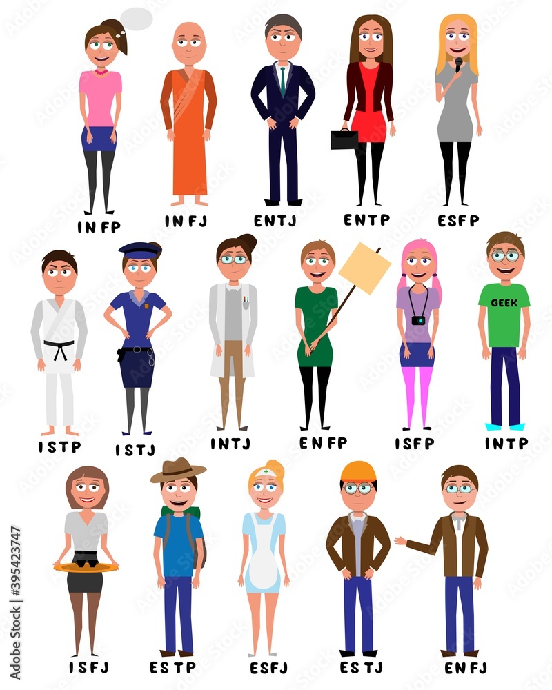 set of flat cartoon characters represents personalities from MBTI typology  isolated on white backgorund Stock Vector