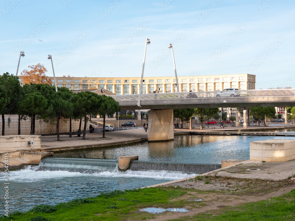 View on the Lez river in Montpellier. Nobody. Sunny day. Montpellier is a french town located in the south. 