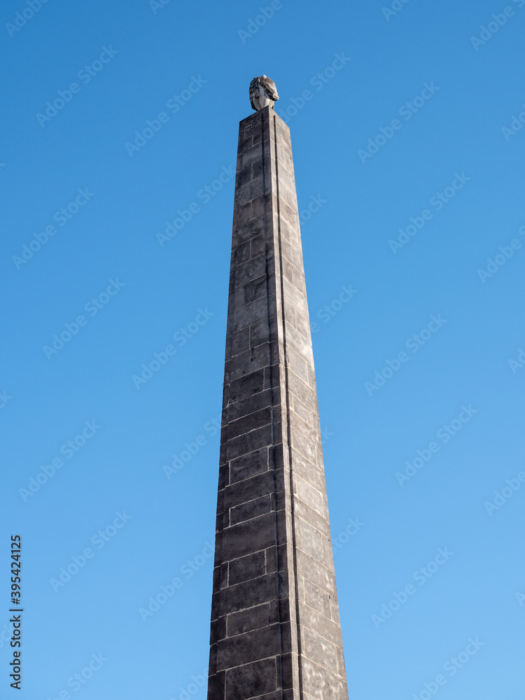 View on a column in the city of Clermont-Ferrand which is located in Auvergne, in the center of France. Blue sky.