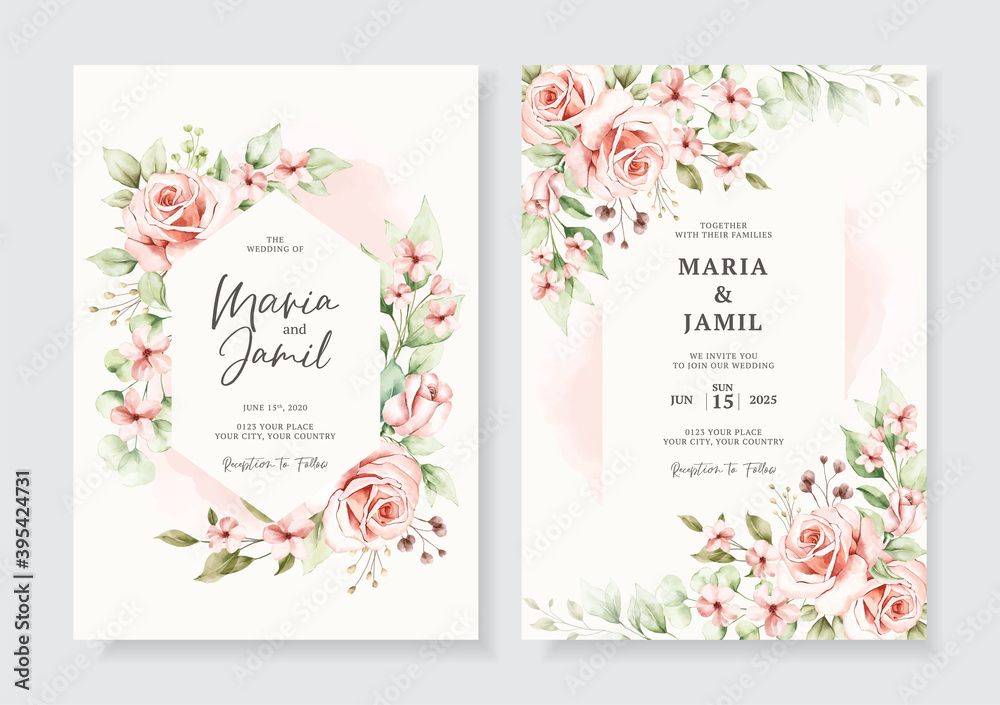 Elegant wedding invitation cards template with watercolor floral decoration Premium