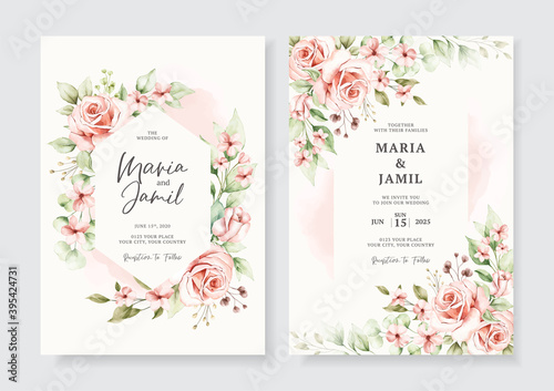 Elegant wedding invitation cards template with watercolor floral decoration Premium