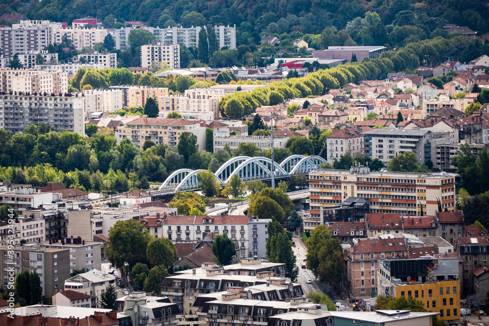 Cityscape of Grenoble, in Isère department, France. View from the Basille fortress. 