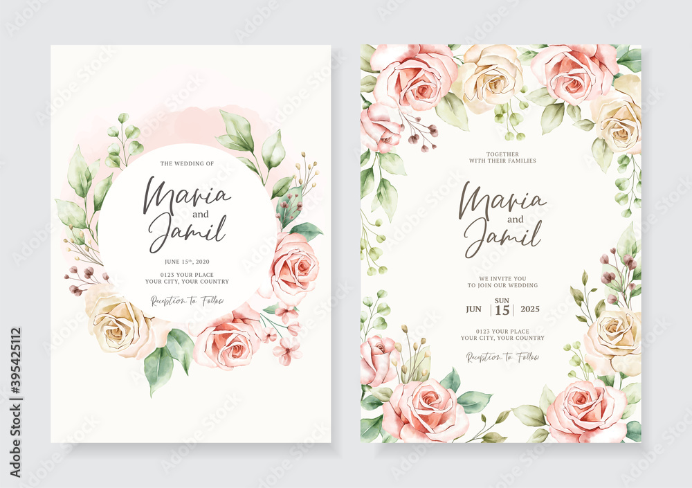Floral wedding invitation template set with watercolor rose and leaves decoration