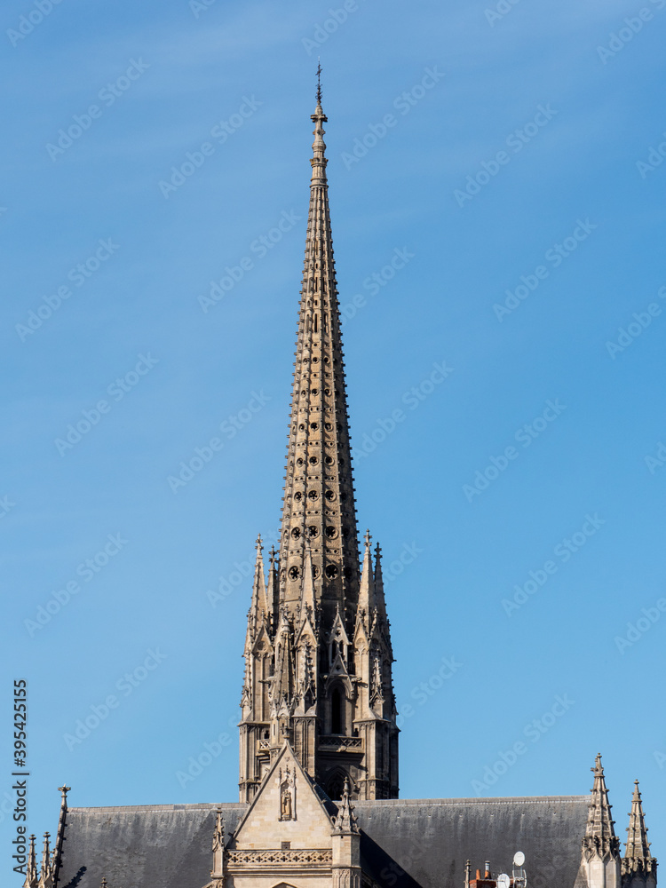 View on a tower of a monument in the old center of the city of Bordeaux, in the southwest of France.