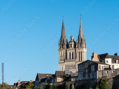 View on the Angers cathedral. Sunny day, blue sky. Angers is a city located in the Maine-et-Loire department in France.