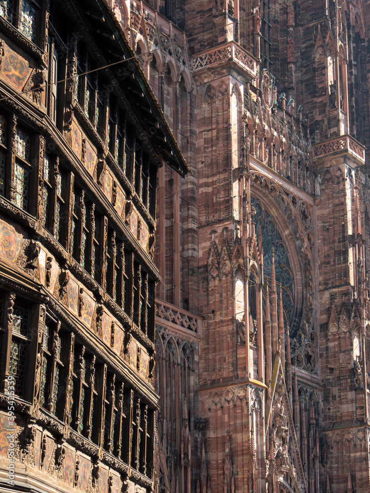 View on the facade of the Strasbourg Cathedral or the Cathedral of Our Lady of Strasbourg (French: Cathédrale Notre-Dame de Strasbourg), a Catholic cathedral in Strasbourg, Alsace, France. 