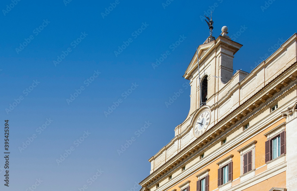 detail of the bell tower of the montecitorio palace in rome, seat of the chamber of deputies of the italian republic.