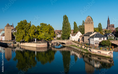 View on the most famous quarter of Strasbourg, La petite France, a historic quarter of the city. Strasbourg is located in eastern France, in Alsace. Blue sky and sunny day.