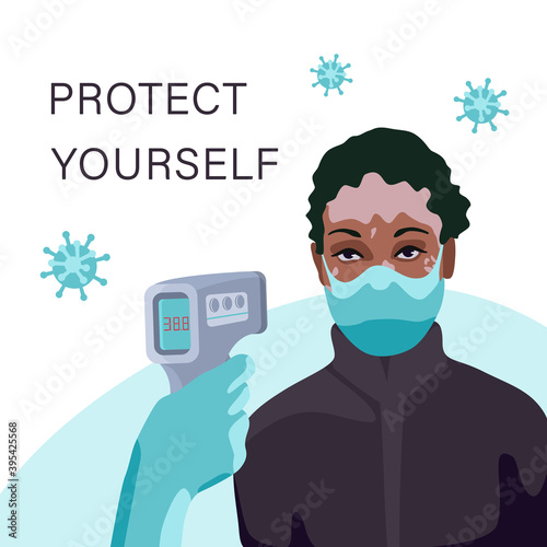 Vitiligo woman in mask at temperature scanning on white backdrop. Protect yourself text poster for social banner or propaganda, hygiene promotion, medical poster. Flat style stock vector illustration