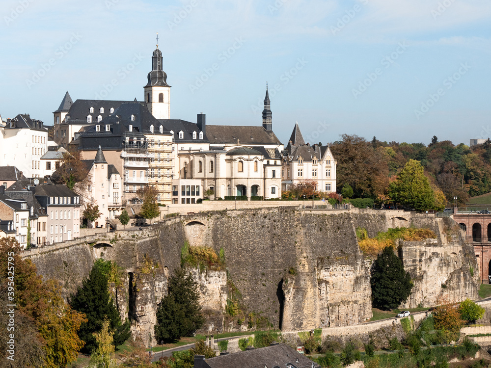 Old town in Luxembourg city. View of the cliffs and churches of the Luxembourg capital. Photographed in the fall.