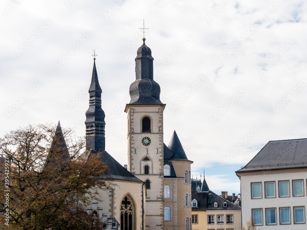 Church in Luxembourg city, Europe. Cloudy sky.