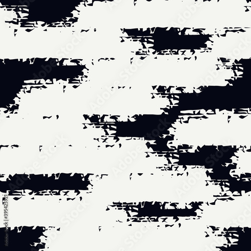 Grunge brush stroke seamless pattern. Organic, natural camouflage texture. Hand drawn black ink, paint smears print