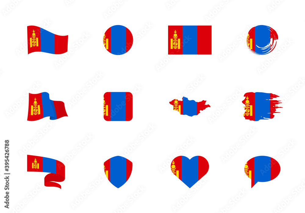 Mongolia flag - flat collection. Flags of different shaped twelve flat icons. Mongolia flag - flat collection. Flags of different shaped twelve flat icons.