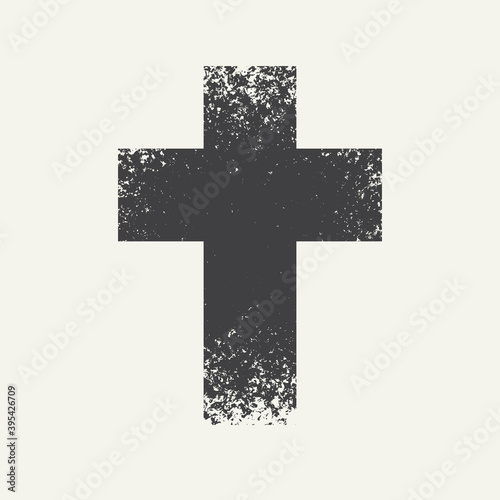 Sign of the Christian cross with a grunge texture isolated on a light background. Abstract vector illustration, religious symbol, icon, logo, t-shirt design, graphic print, design element