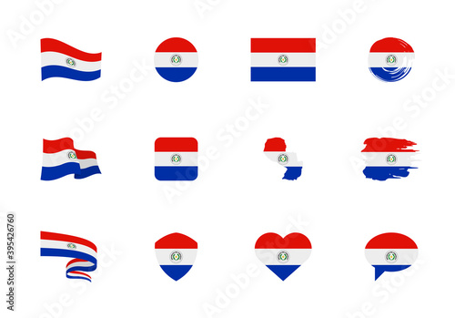 Paraguay flag - flat collection. Flags of different shaped twelve flat icons.