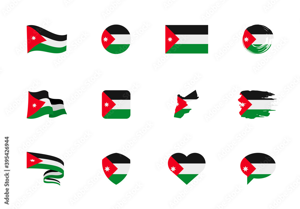 Jordan flag - flat collection. Flags of different shaped twelve flat icons. Jordan flag - flat collection. Flags of different shaped twelve flat icons.