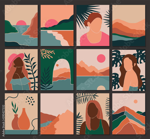 Set of abstract contemporary landscape female and leaves silhouettes in boho style. Fashion paper cut elements for social media posters