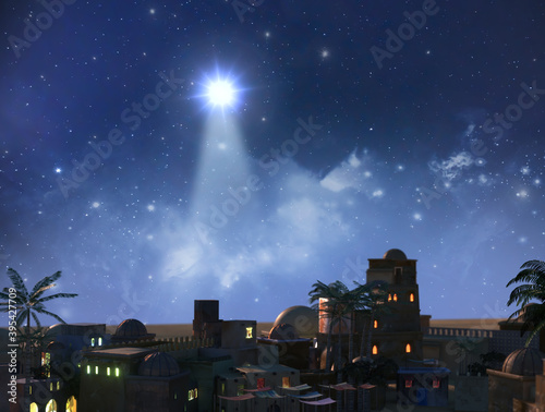 Canvas-taulu The star shines over the manger of christmas of Jesus Christ, 3d render
