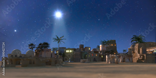 Fototapete The star shines over the manger of christmas of Jesus Christ, 3d render