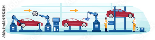 Process of automated car production. Wehicle parts on the machinery line with robotic hands and diverse multiracial mechanics helping. Flat cartoon vector illustration