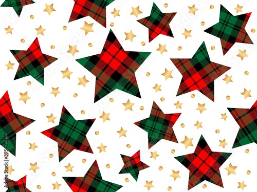 Christmas pattern for packaging. Stars, plaid, white background, gold stars. Seamless ornament.