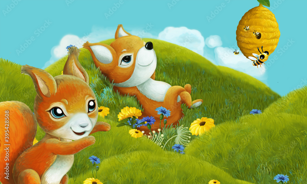 Fototapeta premium cartoon scene with forest animal on the meadow having fun - illustration