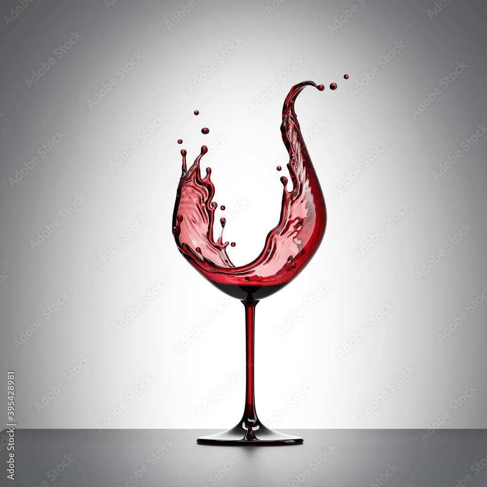 3d render, red wine splash in the shape of wineglass, alcohol drink